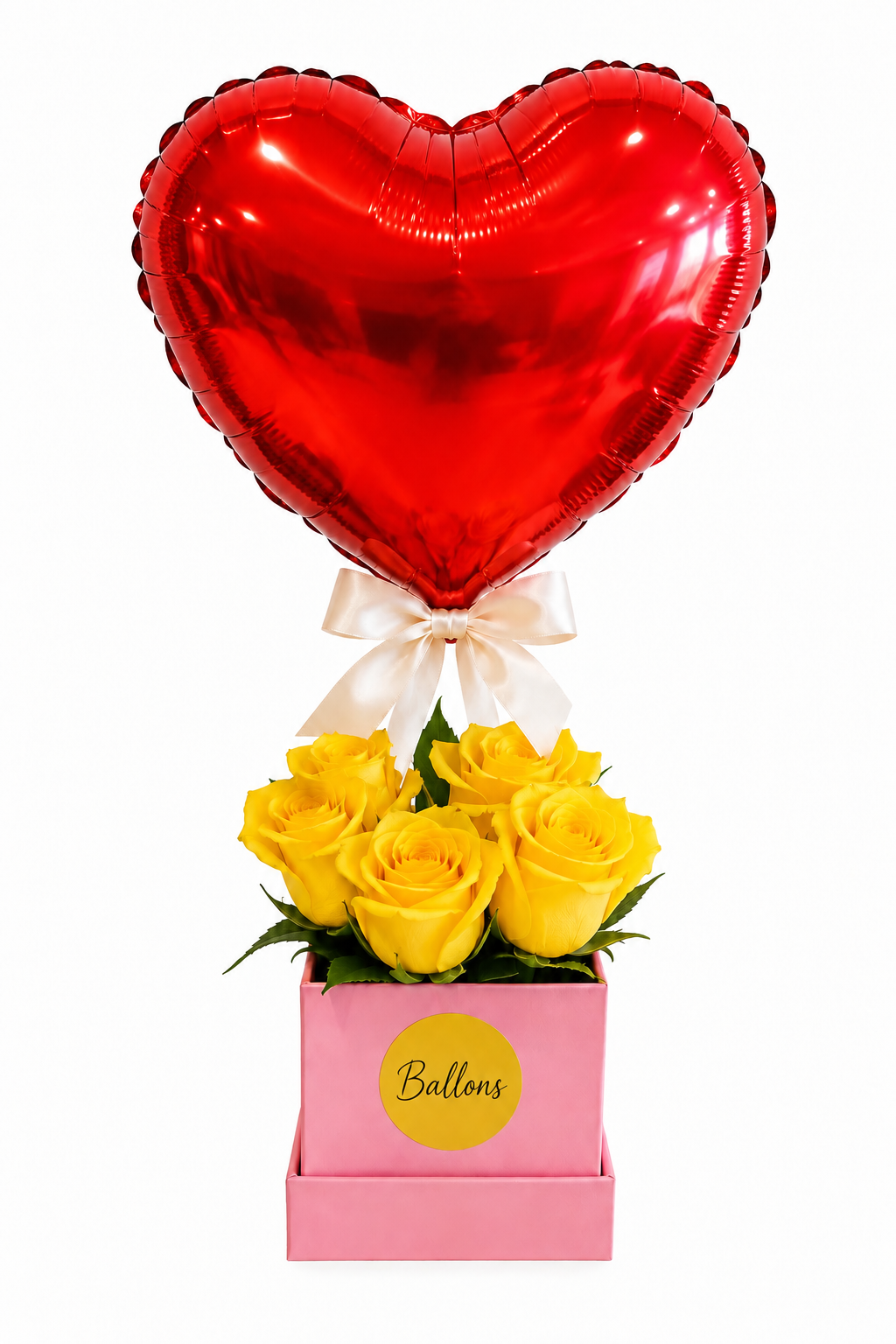 Base de 4 rosas amarillas + globo de corazon de 10 pulgadas